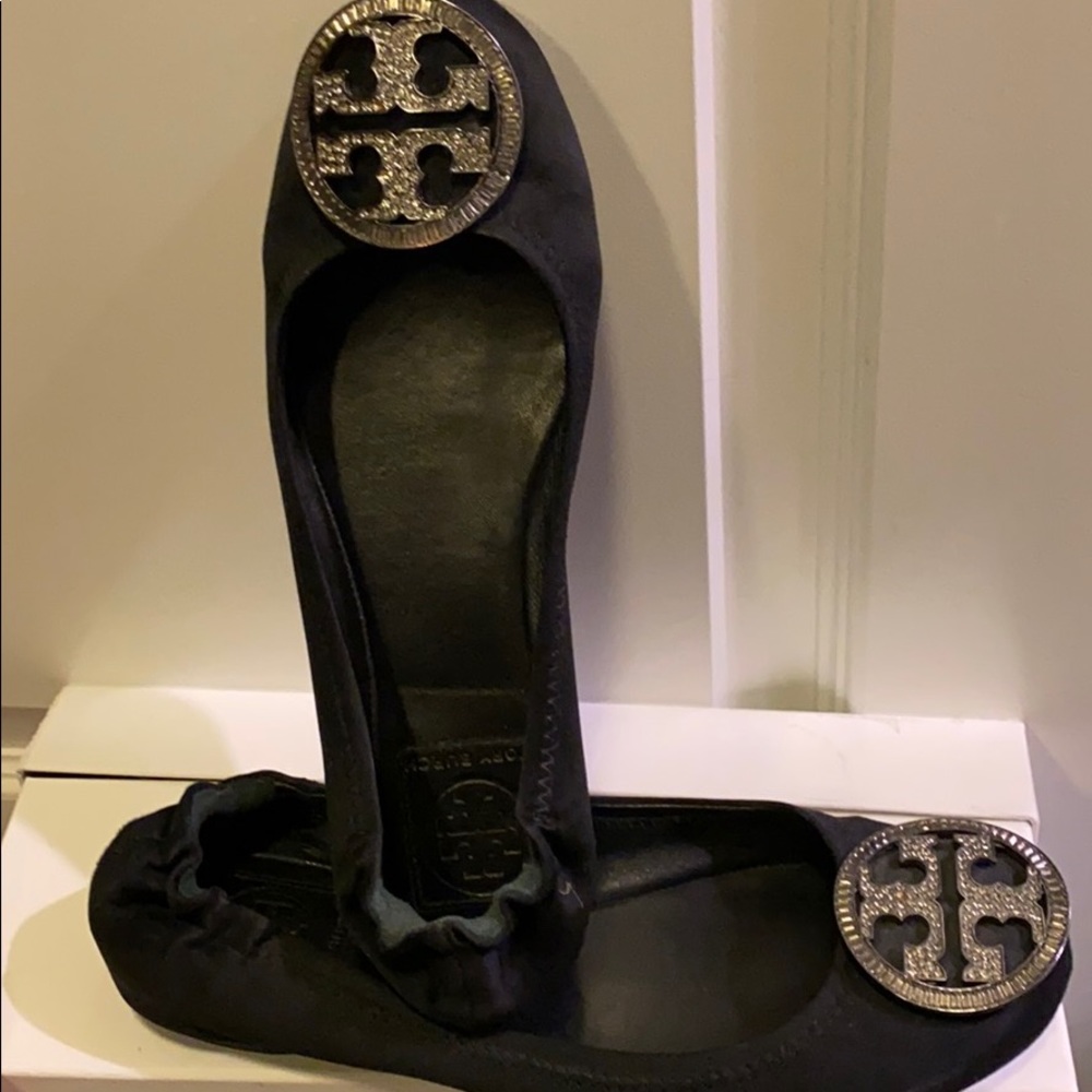 Tory Burch black satin flat with crystal logo